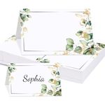 50PCS Wedding Name Cards Place Cards,Leaves Table Seating Cards,Paper Tented Wedding Name Cards,Wedding Place Cards with Silver Edge Eucalyptus Leaf Pattern for Table Setting Birthday Dinner