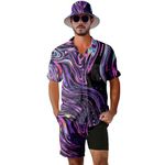 VUGOTU Men's 2 Piece Tracksuit 80s 90s Outfit Button Down 80s Shirts and Shorts Sets with Bucket Hats, Neon Rave, Medium