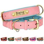 Beirui Genuine Leather Dog Collars Personalised,Soft Padded Leather Dog Collar,Custom Heavy Duty Dog Collar with Metal Hardware, Engrave Name Plate Adjustable Small Medium Large Dog-L,Pink 35-45cm