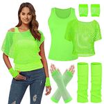 Women's Casual 80s Costumes Neon Outfit Accessories Off Shoulder T-Shirt, Fishnet Gloves Legwarmers