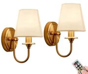 Battery Operated Wall Lights Set of Two 2 Pack Antique Brass Vintage Battery Operated Wall Sconces Light Fixture with Flared White Fabric Shade for Dining / Living Room Bedroom Bathroom Hallway Gold