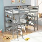 Giantex Twin Size Loft Bed with Desk & Bookshelves, Solid Wood Loft Bed Frame with Integrated Ladder & High Guardrails, Twin Loft Bed for Kids Teens, Dorm, Apartment, No Box Spring Needed (Grey)