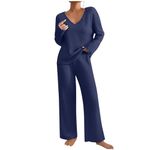 Ribbed Lounge Wear Sets for Women UK 2 Pieces Outfits Summer Co Ord Sets for Women Tracksuit Full Set Ladies Soft Comfy Pjs Sets Solid Color Loungewear Set Pajamas Sleepwear Homewear Navy