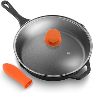 NutriChef 12-Inch Cast Iron Skillet w/Lid - Pre-Seasoned, Oven Safe, Nonstick, Cool-Touch Silicone Handle, for All Cooktops