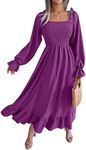 Floerns Women's Boho Square Neck Smocked Long Puff Sleeve A Line Maxi Dress Purple Solid Medium