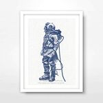 DEEP SEA VINTAGE ANTIQUE DIVER DIVING HELMET BLUE MARITIME SEASIDE NAUTICAL ILLUSTRATION DRAWING ART PRINT Poster Home Decor Interior Design Wall Picture A4 A3 A2 (10 Size Options)