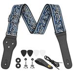 Guitar Strap, Vintage Embroidered Cotton Guitar Straps with Genuine Leather Ends + 2 Strap Locks + 4 Guitar Picks & Strap Button for Bass, Electric, Acoustic Guitars, Adult & Kids (Blue Jacquard)