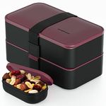 Bentoheaven Premium Bento Box Adult Lunch Box with 2 Compartments (40oz), Cutlery & Set of Chopsticks, Large Dip Container, Cute Black Japanese Bento Box, Rectangle, Microwavable (Very Berry)