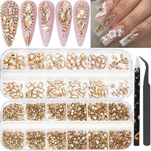 HNUIX Nail Rhinestones - 2920pcs 3D Multi Shape Size Crystal, Champagne Gold Nail Gems, Flat Back, with Kit, for Nail Art, DIY Decorations