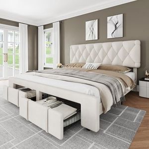 GarveeHome King Size Bed Frame, Upholstered Platform Bed Frame with Storage Drawers, Mattress Foundation with Solid Wooden Slats Support, No Box Spring Needed, Beige