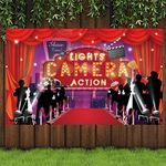 LOONELO Lights Camera Action Backdrop with 70.8"X43.3", Movie Party Night Banner Sign, Lights Camera Action Banner Background Photography for Movie Theme Birthday Hollywood Oscar Party Decorations