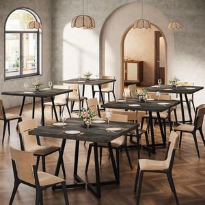Tribesigns Square Dining Table Set of 6, 31.5" Farmhouse Dinner Table with Metal Base, Wood Kitchen Table for Dining Room, Small Space, Apartment, Rustic Brown & Black