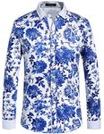 SSLR Men's Floral Cotton Button Down Long Sleeve Hawaiian Shirt, White Blue, S