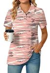 Aodemo Women's 2024 Polo Shirts Dressy Button Up Tunic Collared Short Sleeve Work Tops V Neck Loose Blouses M, Pink Camo