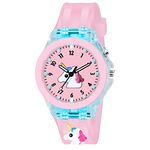 Shocknshop Nylon Led Luminous Child Kids Children Cute Cartoon Multi Color Lights Analogue Watch For Girls (Light Pink Colored Dial & Strap) -W327