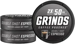 Grinds Coffee Pouches | Tobacco Free, Nicotine Free Healthy Alternative | 3 Cans of Double Shot Espresso | 18 Pouches Per Can | 2x Caffeine 1 Pouch eq. 1/2 Cup of Coffee