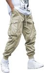 OYOANGLE Men's Casual Drawstring Elastic Waist Flap Pocket Letter Graphic Street Jogger Cargo Pants Beige XX-Large