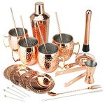 [Gift Set] PG Ultimate Moscow Mule SS Copper Plated Set 25PC | 3pc Cocktail Shaker, 4X Mugs, 4X Straws, 4X Cocktail Picks, Straw Cleaner, 4X Coaster, Strainer, Tongs, Muddler, Jigger, Stirrer