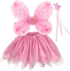 EQLEF Traje de hadas para niños, alas de tutú Alas de mariposa fijadas Traje de alas de princesa de hada para niñas Traje de fiesta para niñas (Rosa)