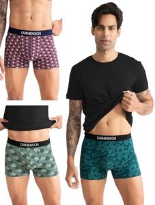 DAMENSCH Deo-Cotton Printed Underwear for Men Combo Breathable Inner, Cotton Trunks for Man Pack No-Marks Waistband, Moisture Wicking Underwear Pack of 3-Aquifer, Tulipwood, Colonial Blue-L