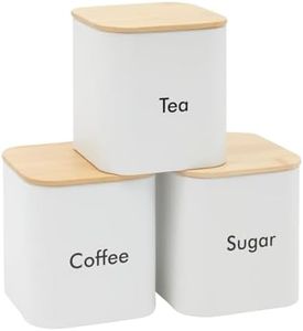 Juvale Coffee Tea Sugar Container Set - White Iron Kitchen Canister Set with Bamboo Lids (3 Pieces, 48 oz)