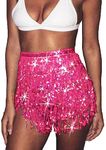 Kakaco Belly Dance Skirt Sparkly Sequin Wrap Skirts Rave Fringe Hip Skirt for Women, D-rose Red, 66 Short