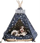 Pet Teepee Tents, 24 Inch Portable Indoor Dog Teepee Bed with Thick Cushion, Washable Navy Blue Stars Pattern Teepee Tent House for Puppy & Cat