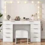 YITAHOME Makeup Vanity Desk with Large Mirror, 10-Drawer Vanity Set with Glass Tabletop & Charging Station, Dressing Table with Storage Chair & 3-Color Brightness Adjustable Lighting, Snow White