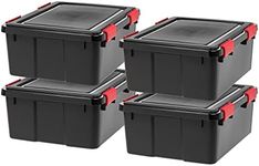 IRIS USA 30.6 Quart WEATHERPRO Plastic Storage Box with Durable Lid and Seal and Secure Latching Buckles, Weathertight, Black with Red Buckles, 4 Pack