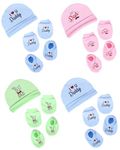 MOM'S DARLING (Pack of 4 pairs Newborn Baby Caps, Mittens And Booties combo Set for 0-6 Months Baby | Baby Gloves and Socks set | Baby shower gift | Designs and colors are same as in Photo