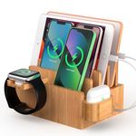 Bamboo Charging Station Organizer for Multiple Devices, Desktop Docking Rack for Cell Phones, Tablet, Smart Watch, and Earbuds, Natural Bamboo