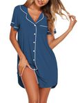 Ekouaer Nightgowns for Women Button Down Sleepshirt Short Sleeve Nightshirt Boyfriend Pajamas V Neck Nightdress Dark Blue L