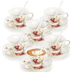 Foraineam Tea Cups and Saucers Set of 6, Floral Tea Cup Set with Gold Trim, 6 oz Porcelain Ivory Coffee Cups with Saucers and Spoons, Latte Cups and Espresso Mug for Coffee Drinks and Tea