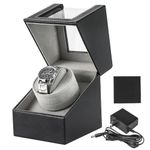 FLKQC Automatic Single Watch Winder in Black Leather with Quiet Motor Watch Display Case Storage Box Fits Lady and Man Automatic Watch, AC Adapter or Battery Powered