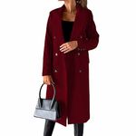 CARGIS Long-sleeved wool coat with double-breasted buttons,Women's Double Breasted Long Trench Coat Windproof Classic Lapel Slim Overcoat (red,M)