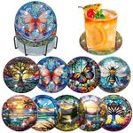 9PCS Stained Glass Diamond Painting Coasters with Holder, Diamond Art Coasters for Adults Kids Beginners, DIY Funny Drinks Coasters with Cork, Craft Sets Gifts for Women Girls Kids