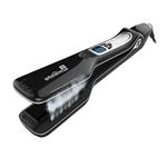 Professional Steam Straightener Brush, Electric Titanium Ceramic Flat Iron with Anti-Static Technology and Digital Controls for All Hair Types (Black)