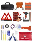 itanso 112 pcs Roadside Car Emergency Set, Safety Assistance Tool Kit, Including Jumper Cables, Tow Strap Ropes, Reflective Safety Warning Triangle & Vest, Glass Breaker Hammer (Black Bag)