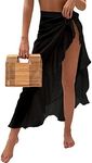 OYOANGLE Women's Mesh Sheer Swimsuit Cover Up Ruffle Tie Side Beach Sarong Wrap Long Skirt Black Large