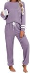 Ekouaer Lounge Sets for Women Ribbed Knit Outfits Pajamas Sets 2 Piece Long Sleeve Sweatsuits with Pockets Purple X-Large