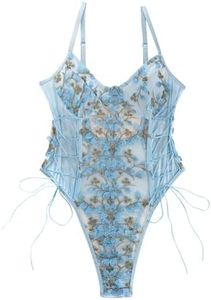 Lilosy Women Sexy Lace Up Floral Embroidered Teddy Lingerie Bodysuit Top Mesh Sheer One Piece, Light Blue, Medium