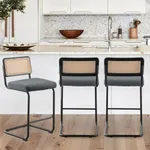 Bekrvio Counter Height Bar Stools Set of 3, 26" Rattan Counter Stool Velvet Upholstered Barstool with Cane Back & Metal Frame, Mid Century Modern Bar Chair Armless for Counter Island (Grey)