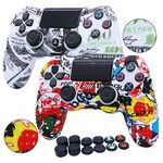 RALAN Anti-Slip PS4 Controller Cover, PS4 Silicone Skin Controller Controller Compatible for PS4/PS4 Slim/PS4 Pro Controller (Black Pro Thumb Grip x 8,Cat + Skull Cap Cover Grip x 2)(White &Dollar)