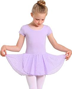 danswan Toddler Girls Long Sleeve Ballet Leotards Dance Dresses Tutu Outfit Ballerina with Glitter Skirt, H - Short Sleeve - Purple, 4-5T