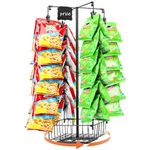 GADFISH Chip Rack Display Stand with Basket, 4-Row 56 Clips Snack Retail Display Rack, 360° Rotation Black Chip Holder Candy Display Rack Organizer for Pantry, Party, Countertop, Concession Stand.