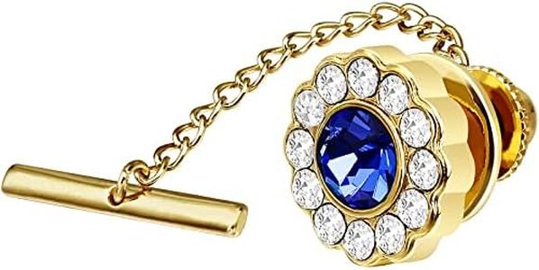 Mens Crystal Tie Tack with Chain Gold - Ocean Blue Crystal Tie Pin for Necktie for Wedding Birthday Anniversary Party