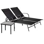 3 Piece Sun Loungers and Table Set - 2 Garden Adjustable Loungers with 1 Side Table - Adjustable Reclining Outdoor Patio Sunbed Furniture - Black - by Harbour Housewares