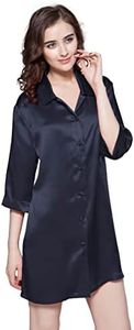 LilySilk Silk Nightgown for Women Mulberry Silk Button-Down Shirt Dress for Spring and Summer with 3/4 Sleeves & Banded Cuffs for Sleeping and Lounging, Navy Blue S
