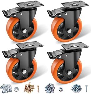 Castor Wheels 125mm, 5 inch Castors, Heavy Duty Caster Wheels Set of 4 - ASRINIEY Swivel Castors with Brake, Casters and Wheels for Furniture Workbench, Non Marking Orange Polyurethane Trolley Wheels