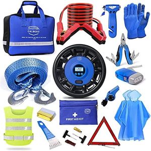 CALBEAU Car Emergency Kit, Emergency Roadside Car Safety Kit with Air Compressor, 10FT Jumper Cable, First Aid Kit, Tow Strap, Safety Hammer, Whistle, Flashlight for Women, Men, Teenager